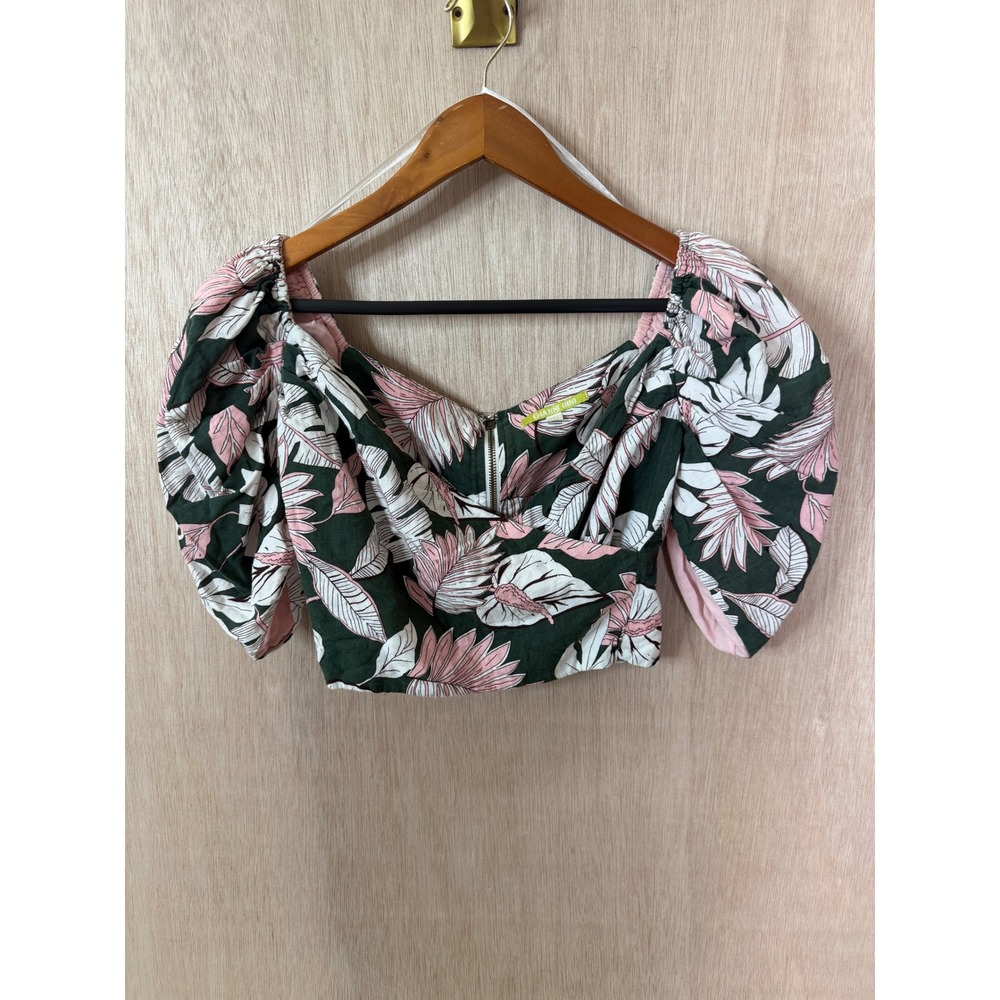 Gianni Bini Tropical Floral Puff Sleeve Crop Top Green Pink Small